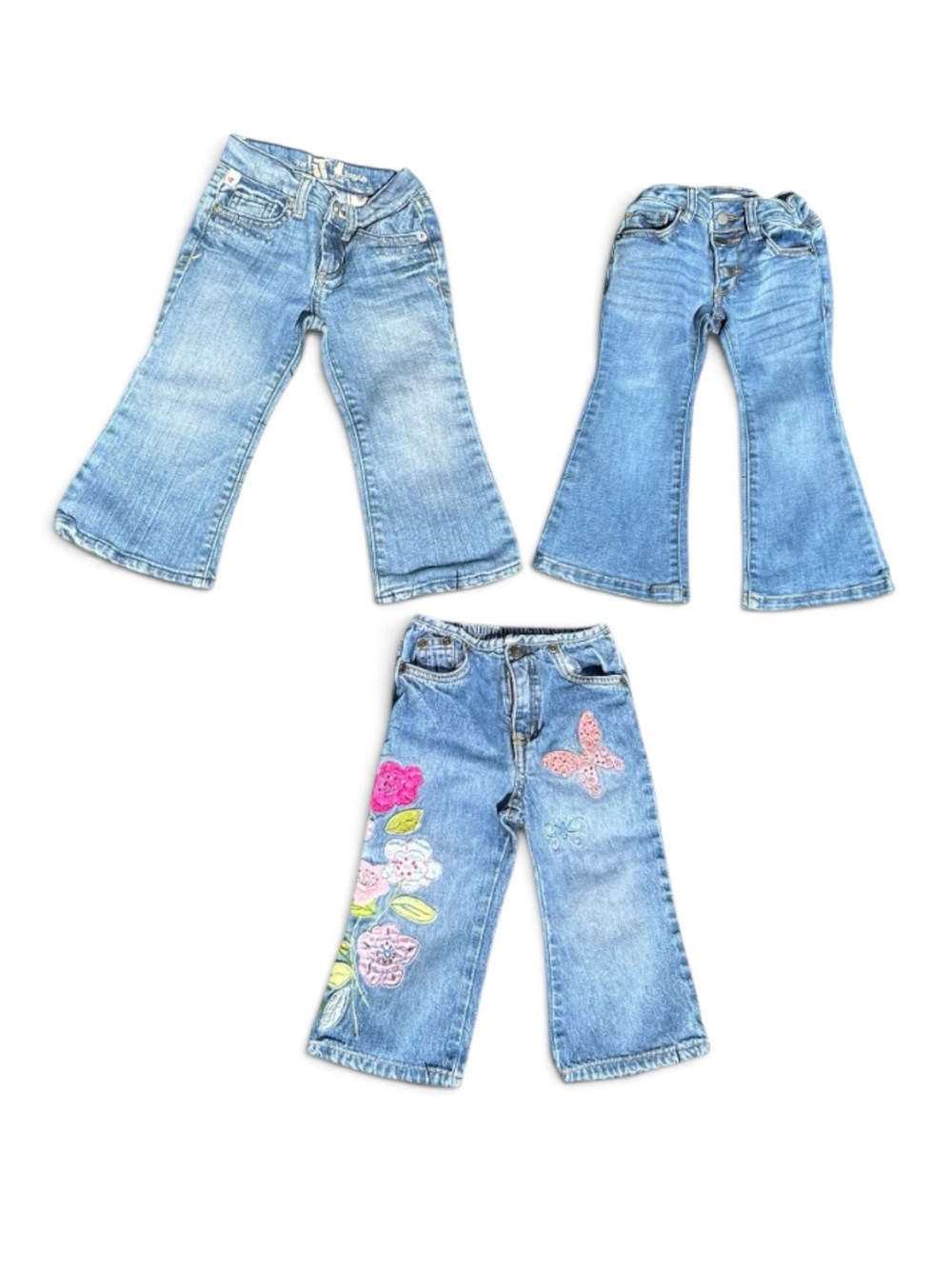 Vintage Little Girl Size 2T Jeans Lot Y2k Bell Bottoms Flower Butterfly Appliqué